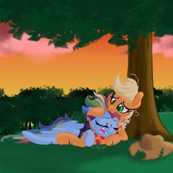 Size: 1000x1000 | Tagged: safe, artist:jen-neigh, imported from derpibooru, applejack, rainbow dash, earth pony, pony, unicorn, appledash, cuddling, female, lesbian, shipping, sleeping, smiling, snoring, tree, under the tree