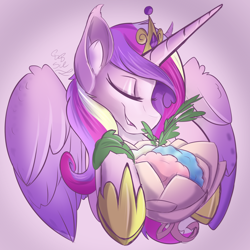 Size: 2000x2000 | Tagged: safe, artist:starcasteclipse, imported from derpibooru, princess cadance, alicorn, pony, bouquet, ear fluff, eyes closed, flower, open mouth, open smile, pink background, simple background, smiling, solo