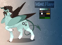 Size: 4096x2988 | Tagged: safe, artist:inisealga, imported from derpibooru, oc, oc only, oc:mint flare, hybrid, pegasus, pony, succubus, chest fluff, coat markings, devil tail, facial markings, goat horns, horns, hybrid oc, male, markings, pegasus oc, reference sheet, socks (coat markings), solo, stallion, tail