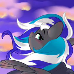 Size: 2500x2500 | Tagged: safe, artist:always inspired by flying, imported from derpibooru, oc, oc only, oc:flaming dune, pegasus, pony, bust, clothes, cloud, female, green eyes, looking at you, looking back, looking back at you, mare, multicolored mane, partially open wings, pegasus oc, portrait, scarf, sky background, smiling, smiling at you, solo, windswept mane, wings