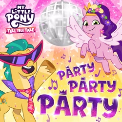 Size: 3000x3000 | Tagged: safe, imported from derpibooru, hitch trailblazer, pipp petals, earth pony, pegasus, pony, spoiler:g5, spoiler:my little pony: tell your tale, spoiler:tyts01e25, abstract background, album cover, crown, disco ball, duo, duo male and female, female, flower, flower in hair, flying, g5, glasses, headband, jewelry, looking at you, male, mare, music notes, my little pony logo, my little pony: tell your tale, necktie, official, open mouth, open smile, party, party party party, pony partay, regalia, single, single cover, smiling, smiling at you, spotify, spread wings, stallion, stars, sunglasses, text, wings