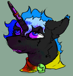 Size: 1925x2005 | Tagged: safe, artist:hrabiadeblacksky, imported from derpibooru, oc, oc:hrabia de black sky, bat pony, hybrid, kirin, unicorn, cyberpunk, green background, horn, male, simple background, solo, stallion, unicorn oc