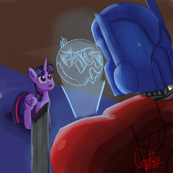 Size: 1280x1280 | Tagged: safe, artist:cjv2004, imported from derpibooru, twilight sparkle, alicorn, pony, robot, cybertron, hologram, optimus prime, transformers, twilight sparkle (alicorn)