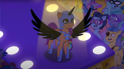 Size: 1680x942 | Tagged: safe, imported from derpibooru, screencap, nightmare moon, sunny starscout, earth pony, pony, spoiler:g5, spoiler:my little pony: tell your tale, spoiler:tyts01e30, cherry flyaway, clothes, costume, fake alicorn, fake horn, fake wings, g5, halloween, halloween costume, holiday, lemon gear, my little pony: tell your tale, nightmare night costume, nightmare night party, nightmare sunny, plum library