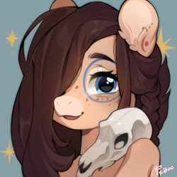 Size: 1498x1498 | Tagged: safe, artist:fedos, imported from derpibooru, oc, oc:ondrea, pegasus, pony, bust, cute, hair over one eye, long hair, looking at you, portrait, skull, smiling, solo