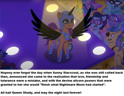 Size: 840x649 | Tagged: safe, edit, edited screencap, imported from derpibooru, screencap, nightmare moon, sunny starscout, earth pony, pony, spoiler:g5, spoiler:my little pony: tell your tale, spoiler:tyts01e30, bad end, cherry flyaway, clothes, corrupted, corrupted sunny starscout, costume, fake alicorn, fake horn, fake wings, g5, good end, halloween, halloween costume, holiday, lemon gear, my little pony: tell your tale, nightmare night costume, nightmare night party, nightmare sunny, plum library, ponestrip, text