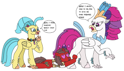 Size: 3254x1855 | Tagged: safe, artist:supahdonarudo, imported from derpibooru, princess skystar, queen novo, oc, oc:ironyoshi, classical hippogriff, hippogriff, pony, unicorn, my little pony: the movie, annoyed, clothes, dialogue, facial hair, female, floating heart, heart, heart eyes, holding, jewelry, male, necklace, shirt, simple background, speech bubble, stallion, text, transparent background, wingding eyes