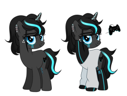 Size: 7279x5497 | Tagged: safe, artist:idkhesoff, imported from derpibooru, oc, oc only, oc:ponystation, pony, unicorn, bedroom eyes, clothes, console ponies, ear piercing, earring, eyebrow piercing, female, freckles, jewelry, mare, markings, nose piercing, nose ring, piercing, playstation 4, ponified, simple background, socks, solo, stockings, sweater, tattoo, thigh highs, transparent background