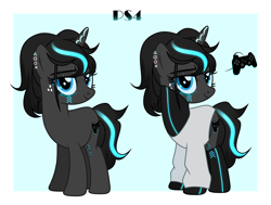 Size: 7279x5497 | Tagged: safe, alternate version, artist:idkhesoff, derpibooru exclusive, imported from derpibooru, oc, oc only, oc:ponystation, pony, unicorn, bedroom eyes, clothes, console ponies, ear piercing, earring, eyebrow piercing, female, freckles, jewelry, mare, markings, nose piercing, nose ring, piercing, playstation 4, ponified, socks, solo, stockings, sweater, tattoo, thigh highs