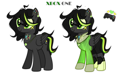 Size: 5760x3489 | Tagged: safe, artist:idkhesoff, imported from derpibooru, oc, oc only, oc:xpone, pegasus, pony, boots, clothes, console ponies, ear piercing, earring, eyebrow piercing, female, freckles, jacket, jewelry, knee pads, mare, markings, necklace, nose piercing, nose ring, piercing, ponified, shoes, shorts, simple background, solo, tattoo, transparent background, xbox, xbox one