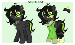 Size: 5760x3489 | Tagged: safe, alternate version, artist:idkhesoff, derpibooru exclusive, imported from derpibooru, oc, oc only, oc:xpone, pegasus, pony, boots, clothes, console ponies, ear piercing, earring, eyebrow piercing, female, freckles, jacket, jewelry, knee pads, mare, markings, necklace, nose piercing, nose ring, piercing, ponified, shoes, shorts, solo, tattoo, xbox, xbox one