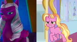 Size: 1132x621 | Tagged: safe, edit, edited screencap, imported from derpibooru, screencap, luster dawn, opaline arcana, alicorn, pony, unicorn, the last problem, spoiler:g5, spoiler:my little pony: make your mark chapter 2, cropped, g5, izzy does it, my little pony: make your mark, my little pony: make your mark chapter 2, theory
