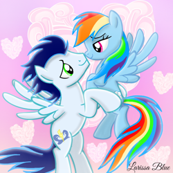 Size: 900x900 | Tagged: safe, artist:mlplary6, imported from derpibooru, rainbow dash, soarin', pegasus, pony, bedroom eyes, carrying, cloud, female, flying, heart, looking at each other, looking at someone, love, male, mare, romance, romantic, shipping, smiling, smiling at each other, soarindash, stallion, straight, windswept mane