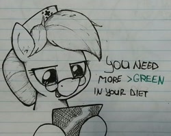 Size: 1280x1017 | Tagged: safe, artist:whiskeypanda, imported from derpibooru, nurse redheart, earth pony, pony, bust, dialogue, drawthread, female, glasses, greentext, hat, lined paper, mare, nurse hat, requested art, solo, speech bubble, text, traditional art