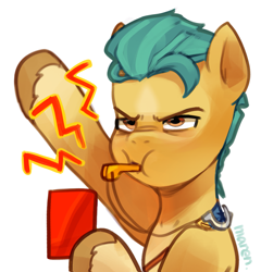 Size: 1821x1894 | Tagged: safe, artist:maren, imported from derpibooru, hitch trailblazer, earth pony, pony, blaze (coat marking), blowing whistle, coat markings, emanata, facial markings, football, g5, hitch trailblazer is not amused, male, penalty, red card, referee, simple background, socks (coat markings), solo, sports, stallion, unamused, whistle, whistle necklace, white background