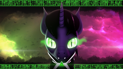 Size: 3840x2160 | Tagged: safe, artist:lagmanor, imported from derpibooru, oc, oc only, oc:lagmanor amell, bat, pony, undead, unicorn, vampire, vampony, 3d, amulet, bat ears, bat eyes, cape, clothes, fangs, glowing, glowing eyes, jewelry, latin, lens flare, looking at you, outfit, runes, solo, source filmmaker