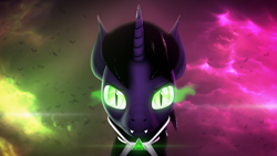 Size: 3840x2160 | Tagged: safe, alternate version, artist:lagmanor, imported from derpibooru, oc, oc only, oc:lagmanor amell, bat, pony, undead, unicorn, vampire, vampony, 3d, amulet, bat ears, bat eyes, cape, clothes, fangs, glowing, glowing eyes, jewelry, lens flare, looking at you, outfit, solo, source filmmaker, textless version, vignette