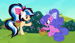Size: 1280x725 | Tagged: safe, artist:vi45, imported from derpibooru, oc, oc only, pony, unicorn, base used, basket, berry, bow, bush, female, food, hair bow, mare