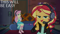 Size: 1920x1080 | Tagged: safe, edit, edited screencap, editor:quoterific, imported from derpibooru, screencap, fluttershy, sunset shimmer, human, equestria girls, game stream, spoiler:eqg series (season 2), gamer sunset