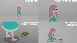 Size: 4400x2475 | Tagged: safe, edit, edited screencap, editor:quoterific, imported from derpibooru, screencap, fluttershy, human, equestria girls, equestria girls series, rollercoaster of friendship, food, salad, solo