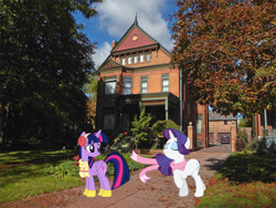 Size: 1024x768 | Tagged: safe, artist:quanno3, artist:slb94, imported from derpibooru, rarity, twilight sparkle, alicorn, pony, unicorn, clothes, detroit, earmuffs, female, hoof shoes, house, irl, mare, michigan, photo, ponies in real life, scarf, twilight sparkle (alicorn), winter outfit