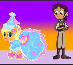 Size: 533x477 | Tagged: safe, artist:darlycatmake, imported from derpibooru, applejack, bow, clothes, costume, crossover, dress, duo, duo female, ear piercing, female, flower, flower in hair, froufrou glittery lacy outfit, halloween, halloween costume, hat, hennin, holiday, jewelry, looking at each other, looking at someone, luz noceda, necklace, piercing, princess, princess applejack, the owl house