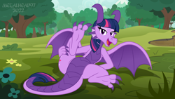 Size: 8000x4500 | Tagged: safe, alternate version, artist:metalhead97, imported from derpibooru, twilight sparkle, dragon, bedroom eyes, dragoness, dragonified, featureless crotch, female, looking at you, open mouth, open smile, show accurate, smiling, solo, sparkle the dragon, species swap, spread legs, spread wings, spreading, twilidragon, wings