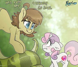 Size: 965x828 | Tagged: safe, artist:fluffyxai, sweetie belle, oc, oc:saria, lamia, original species, pony, snake, snake pony, unicorn, curious, forest, nagapony, nervous, scared, speech, sweat, sweatdrop, tail, talking, text