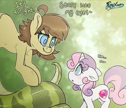 Size: 3500x3000 | Tagged: safe, artist:fluffyxai, sweetie belle, oc, oc:saria, lamia, original species, pony, snake, snake pony, unicorn, curious, fetish, forest, hypnosis, nagapony, nervous, scared, speech, sweat, sweatdrop, tail, talking, text