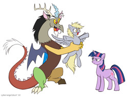 Size: 1050x800 | Tagged: safe, artist:mechanakal, imported from derpibooru, derpy hooves, discord, twilight sparkle, draconequus, earth pony, pony, unicorn, amazing horse, confused, cross-eyed, female, holding a pony, inspiration, male, meme, mr weebl, open mouth, outstretched arms, parody, simple background, sitting, smiling, song in the description, song reference, spread wings, trio, unicorn twilight, white background, wings