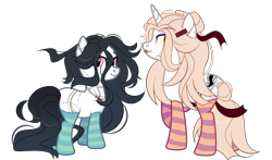 Size: 3399x2000 | Tagged: safe, artist:ayamiiii, imported from derpibooru, oc, oc:anna (spirit), oc:keiko (ghost), earth pony, ghost, pony, undead, unicorn, blood, chains, clothes, commission, duo, ear piercing, earring, eyebrow piercing, female, jewelry, lipstick, makeup, mare, nose piercing, nose ring, piercing, raised hoof, scar, simple background, socks, spirit, striped socks, tattoo, transparent background, ych result