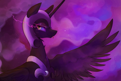 Size: 1500x1000 | Tagged: safe, alternate version, artist:maren, imported from derpibooru, nightmare moon, alicorn, pony, 2014, :p, bust, ethereal mane, eye mist, female, mare, old art, one wing out, solo, tongue out, wings