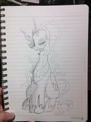 Size: 1080x1440 | Tagged: safe, artist:maren, imported from derpibooru, nightmare moon, alicorn, pony, 2015, doodle, female, lidded eyes, lined paper, mare, nicemare moon, old art, sitting, smiling, solo, traditional art