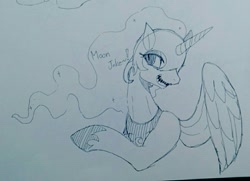 Size: 993x720 | Tagged: safe, artist:maren, imported from derpibooru, nightmare moon, alicorn, pony, 2017, bust, dialogue, doodle, female, laughing, mare, nicemare moon, oh you, old art, solo, traditional art, wings