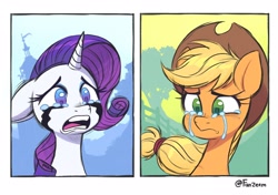 Size: 2480x1748 | Tagged: safe, artist:fanzeem, imported from derpibooru, applejack, rarity, pegasus, pony, unicorn, amogus eyes, among us, bust, crying, duo, female, floppy ears, frown, makeup, mare, meme, open mouth, running makeup, signature