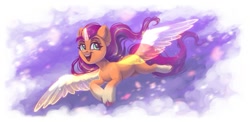 Size: 1199x585 | Tagged: safe, artist:amishy, imported from derpibooru, sunny starscout, alicorn, earth pony, pony, artificial horn, artificial wings, augmented, female, flying, g5, happy, horn, magic, magic horn, magic wings, mare, open mouth, open smile, smiling, solo, spread wings, sunnycorn, wings