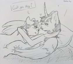 Size: 3113x2736 | Tagged: safe, artist:ponka-pie, derpibooru exclusive, imported from derpibooru, twilight sparkle, alicorn, pony, unicorn, ballpoint pen, bed, blushing, cuddling, cute, female, floppy ears, heart, lesbian, lying down, lying on bed, on bed, self paradox, self ponidox, selfcest, shipping, sketch, smiling, speech bubble, traditional art, twilight sparkle (alicorn), twolight, unicorn twilight