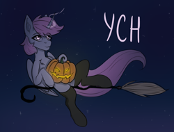 Size: 2038x1548 | Tagged: safe, artist:tanatos, imported from derpibooru, oc, alicorn, pony, broom, clothes, commission, flying, flying broomstick, halloween, holiday, jack-o-lantern, pumpkin, sketch, solo, stockings, thigh highs, your character here