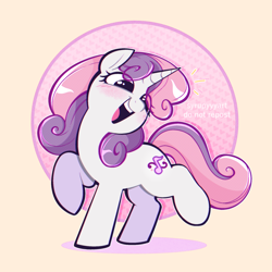 Size: 2058x2061 | Tagged: safe, artist:syrupyyy, imported from derpibooru, sweetie belle, pony, unicorn, alternate cutie mark, blushing, cute, diasweetes, female, filly, foal, open mouth, ponytober, raised hoof, raised leg, solo