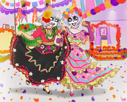 Size: 4096x3277 | Tagged: safe, artist:chango-tan, imported from derpibooru, diamond tiara, silver spoon, human, altar, altar de muertos, calaverita (sugar skull), catrina (calavera garbancera), cempasúchil, clothes, dancing, dia de los muertos, dress, dressup, face paint, flower, glasses, humanized, lockers, makeup, pan de muerto, school, skull, smiling, sugar skull