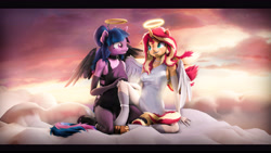 Size: 9600x5400 | Tagged: safe, artist:imafutureguitarhero, imported from derpibooru, sci-twi, sunset shimmer, twilight sparkle, alicorn, anthro, classical unicorn, unguligrade anthro, unicorn, 3d, absurd file size, absurd resolution, alicornified, angel, arm freckles, black bars, boots, cheek fluff, chest fluff, chest freckles, chromatic aberration, clothes, cloud, cloven hooves, collar, colored eyebrows, colored eyelashes, contrast, costume, cute, dialogue in the description, dress, duo, ear fluff, ear freckles, evening gloves, fallen angel, female, film grain, floppy ears, fluffy, fluffy hair, fluffy mane, fluffy tail, freckles, fur, glitter, gloves, grin, halo, holding hands, horn, jewelry, kneeling, leg freckles, leonine tail, long gloves, long hair, long mane, looking at each other, looking at someone, mare, matching outfits, multicolored hair, multicolored mane, multicolored tail, necklace, nose wrinkle, not dead, on a cloud, one ear down, open mouth, outdoors, paintover, peppered bacon, race swap, revamped anthros, revamped ponies, scitwilicorn, see-through, shimmerbetes, shimmercorn, shoes, shoulder fluff, shoulder freckles, signature, sitting, sitting on a cloud, sky, smiling, smiling at each other, source filmmaker, stockings, tail, thigh highs, twiabetes, twilight sparkle (alicorn), unshorn fetlocks, wall of tags, windswept hair, windswept mane, wings