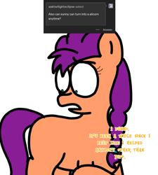 Size: 1275x1414 | Tagged: safe, artist:professorventurer, imported from derpibooru, sunny starscout, earth pony, pony, series:ask pippamena, spoiler:my little pony: make your mark chapter 2, braided ponytail, female, g5, mare, my little pony: make your mark, my little pony: make your mark chapter 2