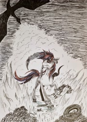 Size: 2870x3981 | Tagged: safe, artist:cahandariella, imported from derpibooru, oc, dragon, unicorn, duo, fire, fire breath, ink drawing, inktober, mutant, traditional art