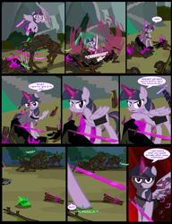 Size: 1042x1358 | Tagged: safe, artist:dendoctor, imported from derpibooru, mean twilight sparkle, twilight sparkle, alicorn, pony, timber wolf, comic:clone.., alternate universe, bag, clone, comic, energy sword, everfree forest, female, g4, glowing, glowing horn, horn, jojo reference, jojo's bizarre adventure, magic, mare, saddle bag, scratches, sword, telekinesis, twilight sparkle (alicorn), weapon