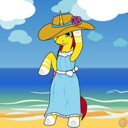 Size: 1980x1980 | Tagged: safe, alternate version, artist:terminalhash, imported from derpibooru, oc, oc:rouzfirecarrot, pony, unicorn, beach, bipedal, clothes, digital art, dress, flower, hat, ocean, rose, solo, summer, water