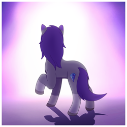 Size: 1493x1493 | Tagged: safe, artist:autumnsfur, imported from derpibooru, oc, oc only, oc:glitter stone, earth pony, chest fluff, digital art, facing away, female, fluffy, full body, g4, g5, g5 oc, looking at something, mare, purple background, purple hair, raised hoof, shadow, silhouette, simple background, solo, tail