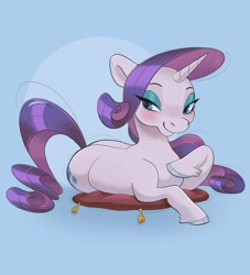 Size: 1457x1603 | Tagged: safe, artist:totalmessica, imported from derpibooru, rarity, pony, unicorn, blushing, female, lidded eyes, lying down, mare, pillow, smiling, solo