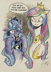 Size: 1452x2048 | Tagged: safe, artist:andypriceart, imported from derpibooru, princess celestia, princess luna, alicorn, pony, celestia is not amused, female, making faces, mare, one eye closed, royal sisters, siblings, sisters, traditional art