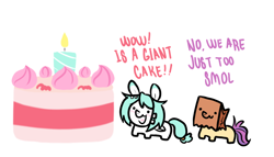 Size: 1164x668 | Tagged: safe, artist:paperbagpony, imported from derpibooru, oc, oc only, oc:paper bag, oc:uki, earth pony, pony, cake, candle, chibi, dialogue, food, simple background, smol, white background