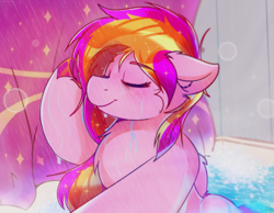 Size: 4096x3186 | Tagged: safe, artist:legionsunite, imported from derpibooru, oc, oc:velvet volt, pegasus, pony, bathtub, bubble, long hair, shower, sparkles, wet, wet mane